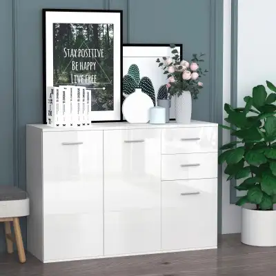High Gloss Sideboard with 2 Drawers and 3 Doors, Buffet Cabinet with Adjustable Shelf, Coffee Bar Ca...