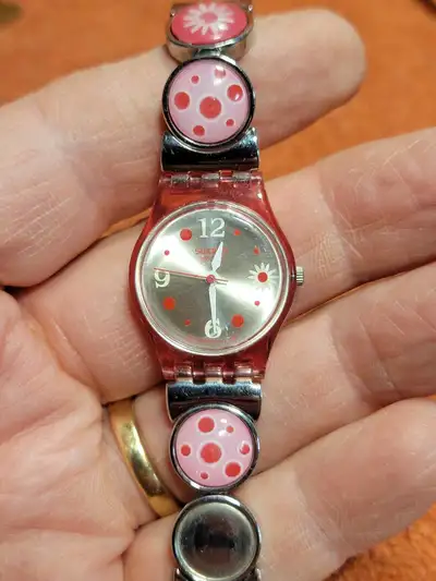 Swatch Watch Red Pink Daisy Polka Dot Metal Band, View more