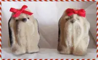 PAIR OF FLOCKED CHRISTMAS SHIH TZU PUPPY ORNAMENTS