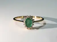 7x5mm Oval Natural Emerald With Diamond Halo 14k Gold Ring