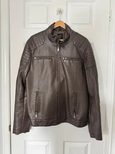 Guess Men’s Faux Leather Hooded Jacket – Brown, Size L, View more