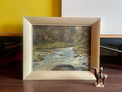 Atmospheric oil on board landscape, signed and dated 60 lower right, capturing a quiet woodland stre...