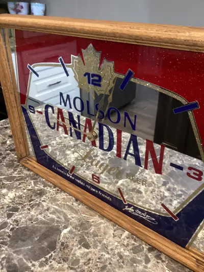 Vintage Molson Canadian mirrored clock, View more