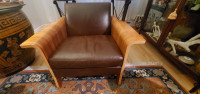 Mid Century Design Lounge Chair Bent wood arms brown leather