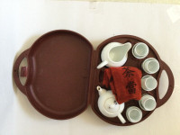 Chinese porcelain tea set with travel case & tea towel