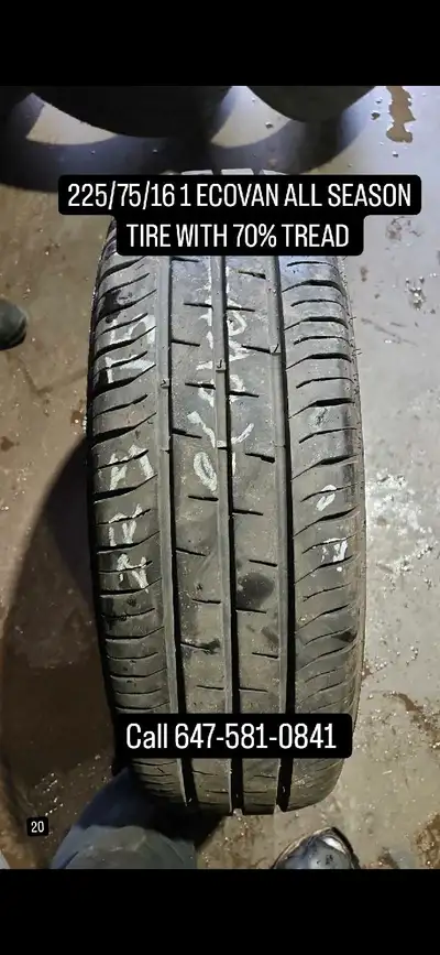 I'm selling an Ecovan all-season tire, sized 225/75/16, with approximately 70% tread remaining, perf...