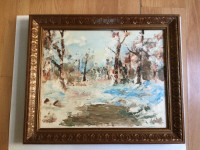 Original painting winter scene nice framed damaged 60cm x 50cm