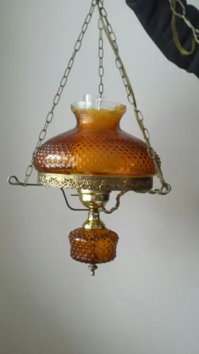 Vintage amber coloured hobnail glass globe hurricane lamps, View more