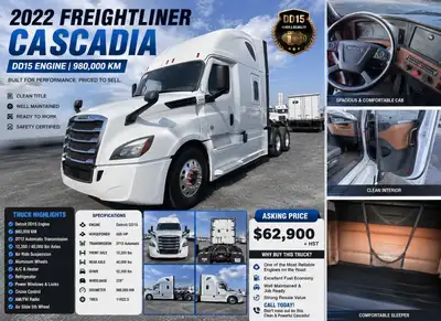 This 2022 Freightliner Cascadia is powered by a reliable Detroit DD15 engine and features a smooth D...