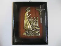 Our Lady Of Fatima Bronze & Wood Wall Plaque Ave Maria Cir 1980s