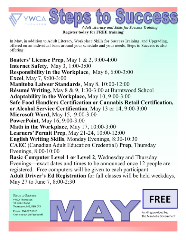May Classes at Steps to Success in Classes & Lessons in Thompson