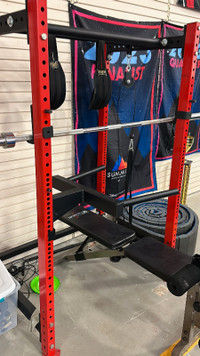 Home Gym: Red Power Rack and Bench, Bar and Bench