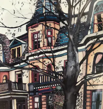 Framed Renee Bovet Art Print Montreal Row Houses. The original was painted on silk. Wooden frame and...