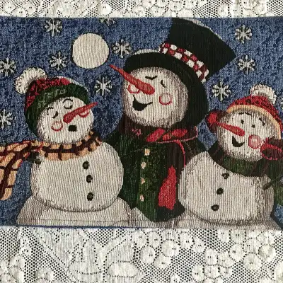Vtg 90s Snowman Tapestry Table Runner with Tassels, View more