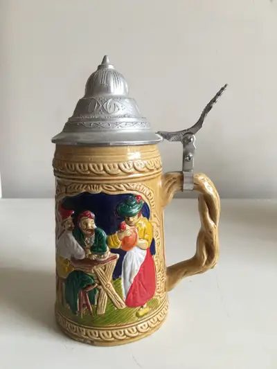 Vintage German Beer Stein with Hinged Metal Lid, View more