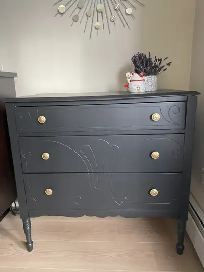Refinished Black 3 Drawer Dresser 34" Tall Solid Wood, View more