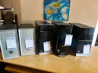 Business closed, Five desktop computers  HP, Acer, and Dell, View more