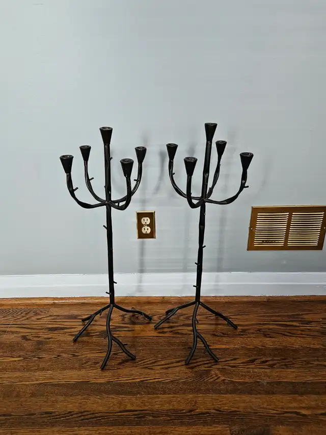 Pair of Black Metal Tree Branch Candelabras 5 Arm Candle Holders