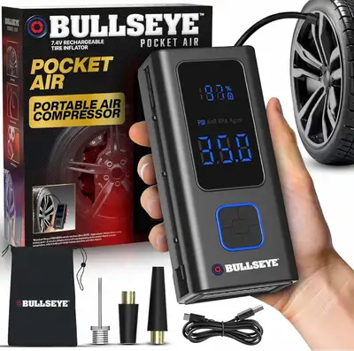 Pocket AIR Car Tire Inflator Portable Air Compressor by Bullseye Pro, 4000MAH Air Compressor Tire In...