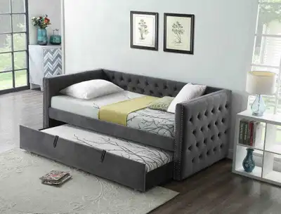 Space-saving trundle bed with pull-out lower bed • Ideal for kids’ rooms and guest rooms • Comfortab...
