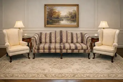 Striped Sofa and Cream Wingback Chairs, View more