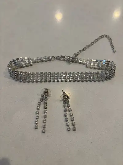Rhinestone Choker Necklace and Dangle Earrings Set, View more