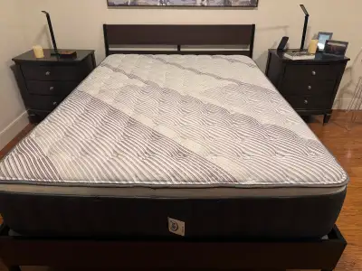 Queen mattress, boxspring, and Ikea bed frame, View more