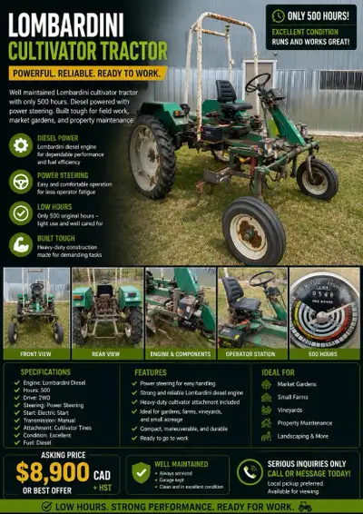 Lombardini Cultivator Tractor – Low Hours – Runs Excellent Price: $8500 CAD OBO (adjust if you want—...