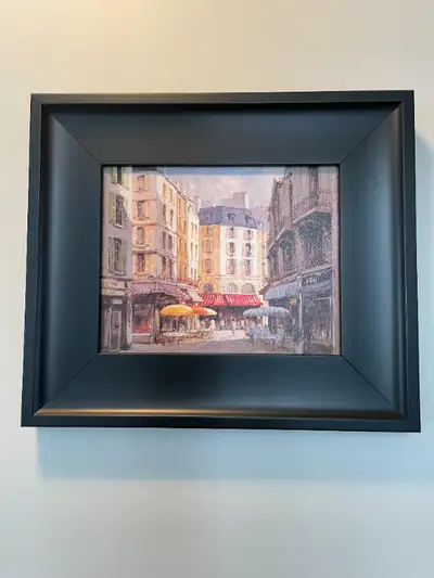 Selling a stunning framed thick art print. Scene is of a European cafe and restaurant district. Meas...