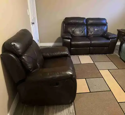 Dark brown leather recliner love seat & chair seat. Used In dece, View more