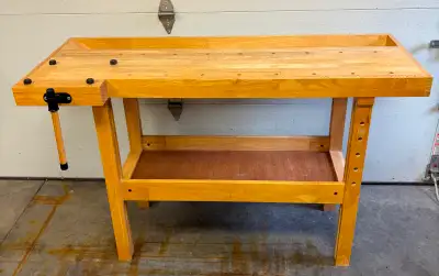 Solid Hardwood Woodworking Workbench w/ Vise & Bench Dogs, View more