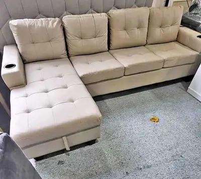 Never Used Beige Leather Sectional Sofa For Sale | Free Delivery, View more