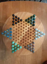 Lot # 5 nice wooden Solitaire board + Marbles