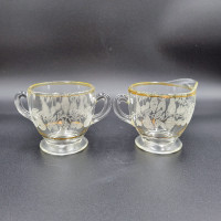 Vintage Cream And Sugar Set Clear Glass Frosted Fruit Gold Servi