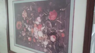 Beautiful Floral Print in Glass Vase, Framed, Matted Under Glass, View more