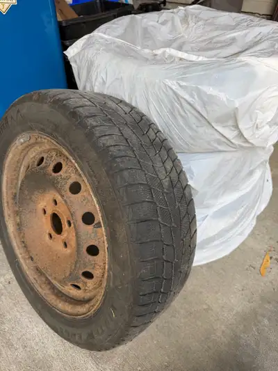 4 Motomaster Winter Edge tires on five-bolt pattern steel wheels. Tires barely used with excellent t...