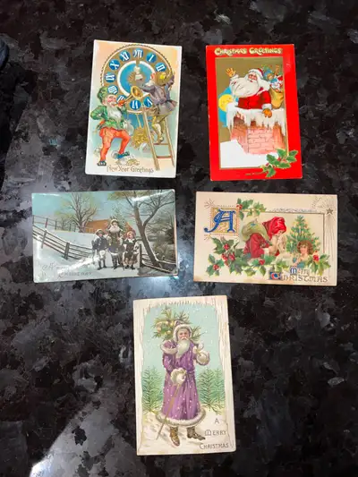 5 ANTIQUE 1909 to1920s CHRISTMAS SANTA POST CARDS, View more