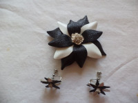 Vintage leather white and black Brooch & Earrings
