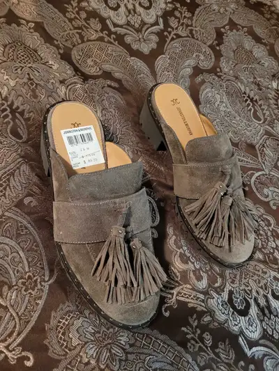 These are Johnston & Murphy gray suede heeled mules, perfect for adding a touch of casual elegance t...