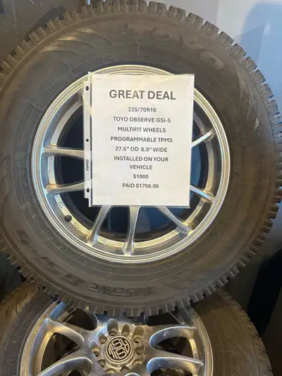 Very good, used Toyo observe GSI – 5 winter tires. Installed on five bolt multi fitment wheels. 5x11...