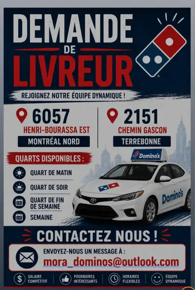 Offre d'emploi - LIVREUR/LIVREUSE Domino’s Pizza Nous recrutons en ce moment ! Nous recherchons du p...