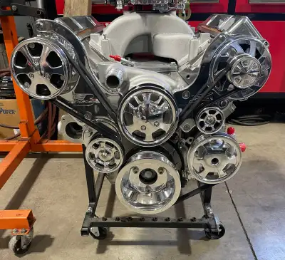New Billet Specialties polished Tru Trac surpentine belt drive system, part #13450, installed on ls3...