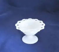 Vintage Milk Glass Reticulated Lace Design Footed Bowl