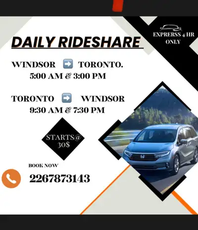 9:30 AM & 7:30 PM TORONTO TO WINDSOR DAILY RIDESHARE , View more