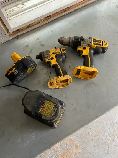 Dewalt 18v cordless Impact and 1/2” Drill 2 batteries 1 charger Well used but works great Best offer...