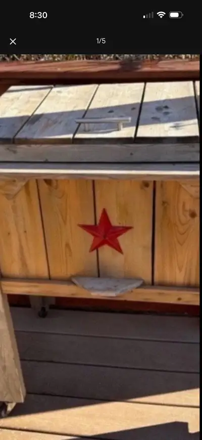 RUSTIC WOOD Handcrafted patio cooler stand, often referred to as a rustic ice chest or cooler box. H...