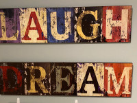 Laugh and Dream wall plaques - purple, red, green, beige