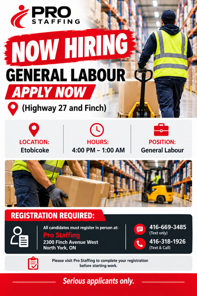 Now Hiring General Labour - Apply Now (Highway 27 and Finch), View more