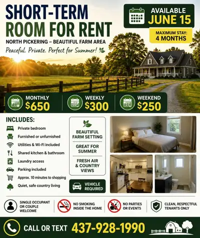 Short-Term Room for Rent – Available June 15 North Pickering – Beautiful Country/Farm Area Rental Op...