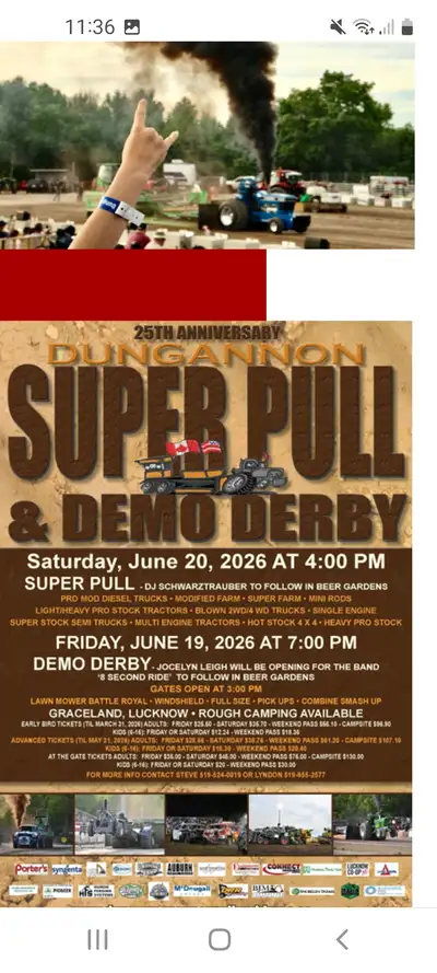 Superpull and demo derby June 19 and 20 in lucknow Gate price is 75.00 per each Selling 2 for 75.00.